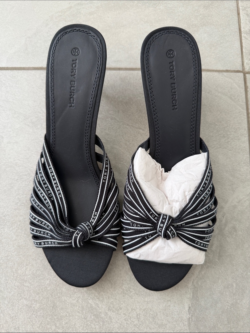 Tory Burch Navy Knotted Ribbon Kitten Heels